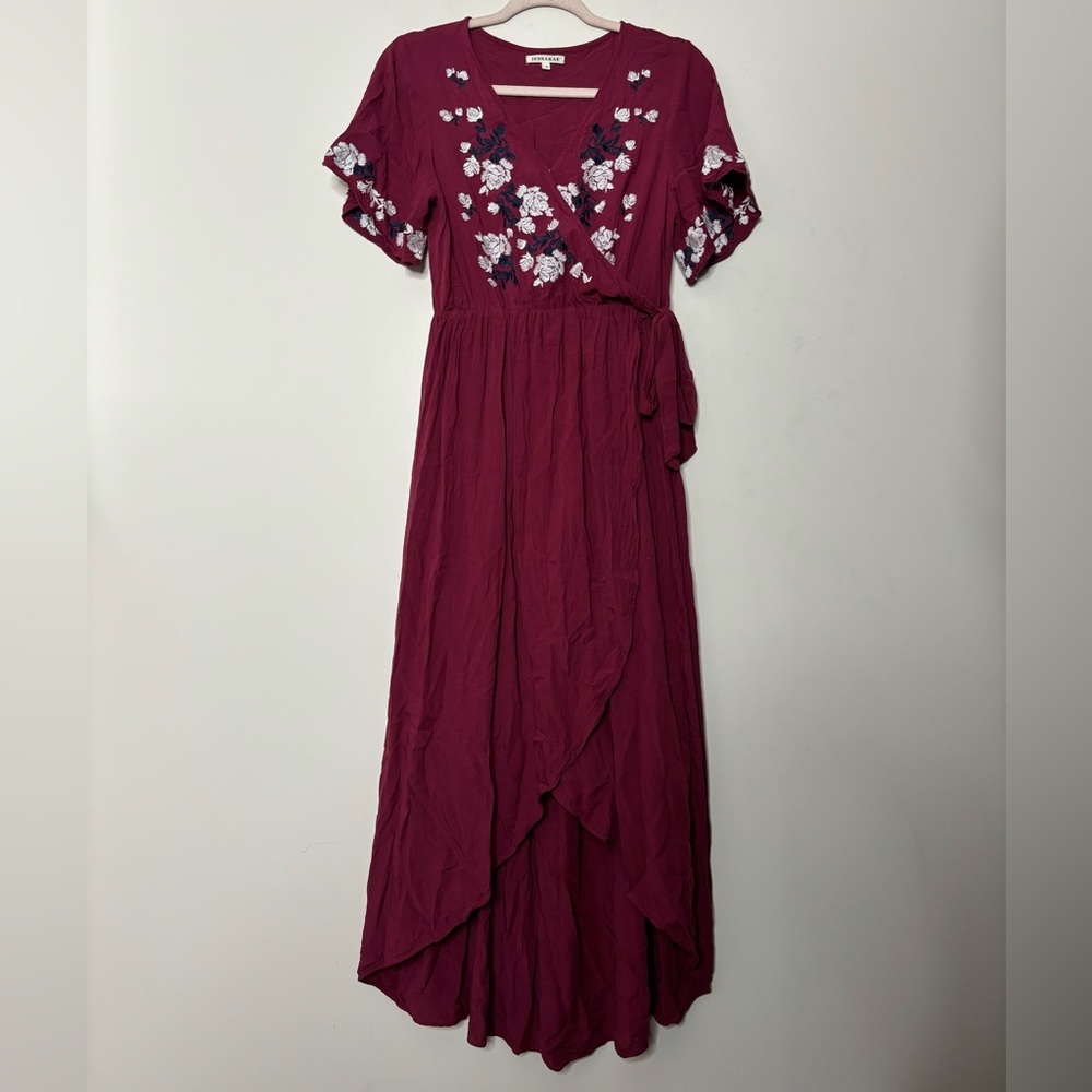 Jessakae floral embroidered wrap maroon maxi dress S